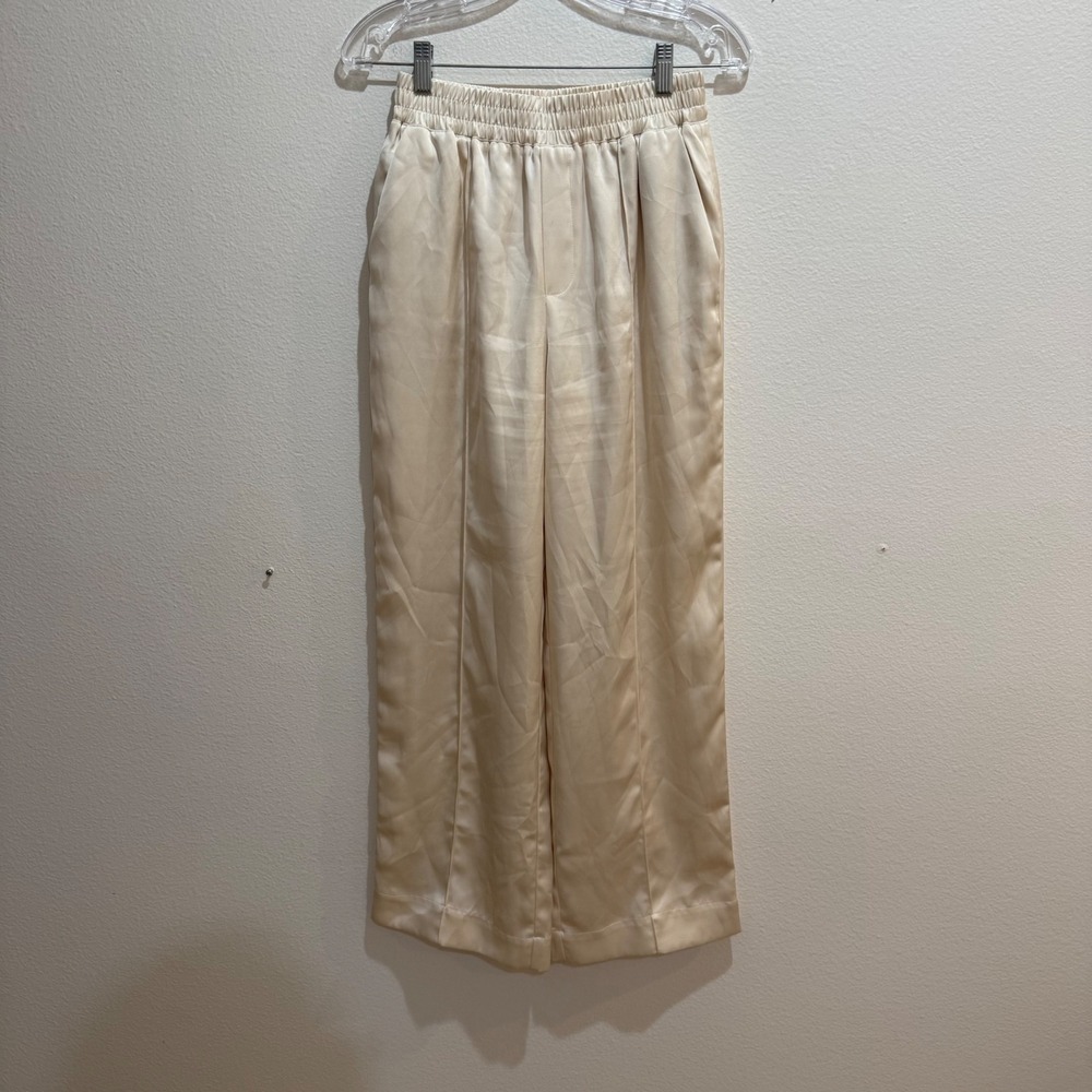 DISSH Champagne Satin Wide Leg Trousers Cream Elastic Waist Pants US 4